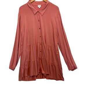 New Directions Womens Curvy Button-Down Tiered Tunic Shirt 3X Pink Long Sleeve